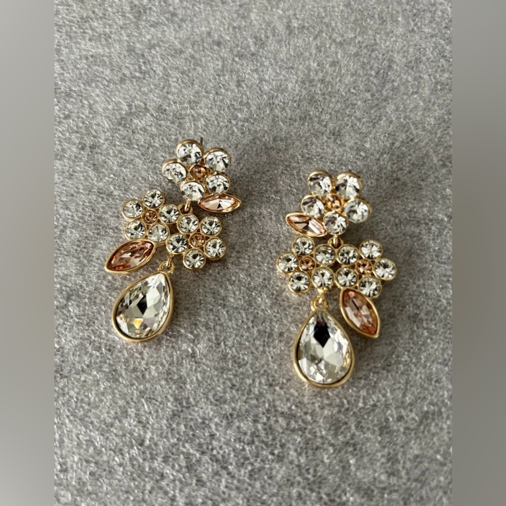 Gold Tone Crystal Drop Floral Earrings - Women Jewelry